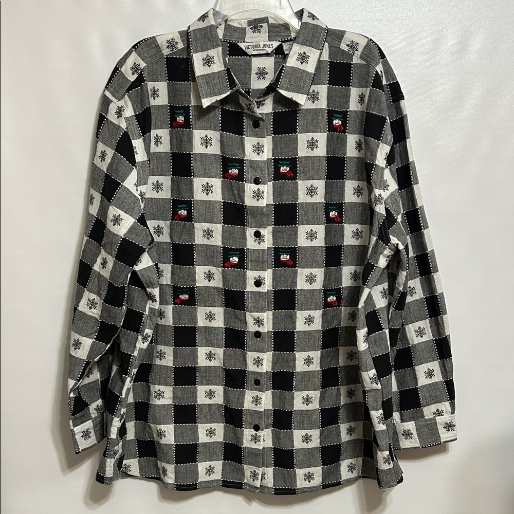 Victoria Jones Black & White Checked Snowflake/Snowman Button Down Shirt Size 3X